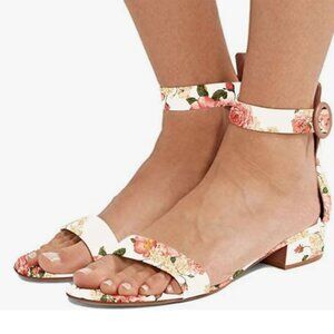 YDN White Flower Low Heeled Ankle Strap Sandals Open Toe Block Shoe Buckle